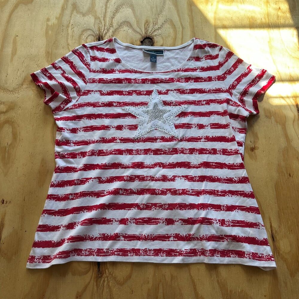 Karen Scott Red Striped Rhinestone Star Tee - XL